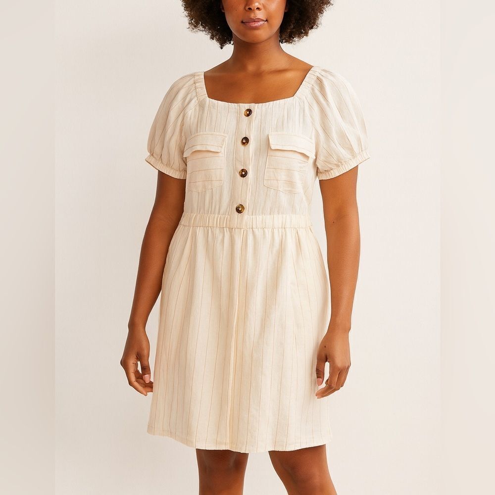 A Loves A Striped Linen Cotton Blend Mini Dress M Button Front Pockets